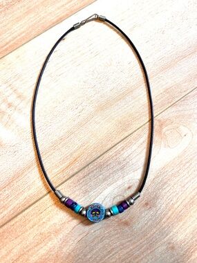 Vintage 90s Black Corded Necklace With Polymer Clay Butterfly Bead
